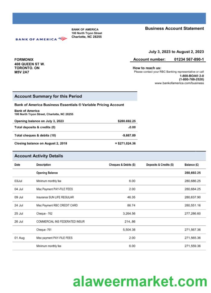 Bank of America business account statement Word and PDF template